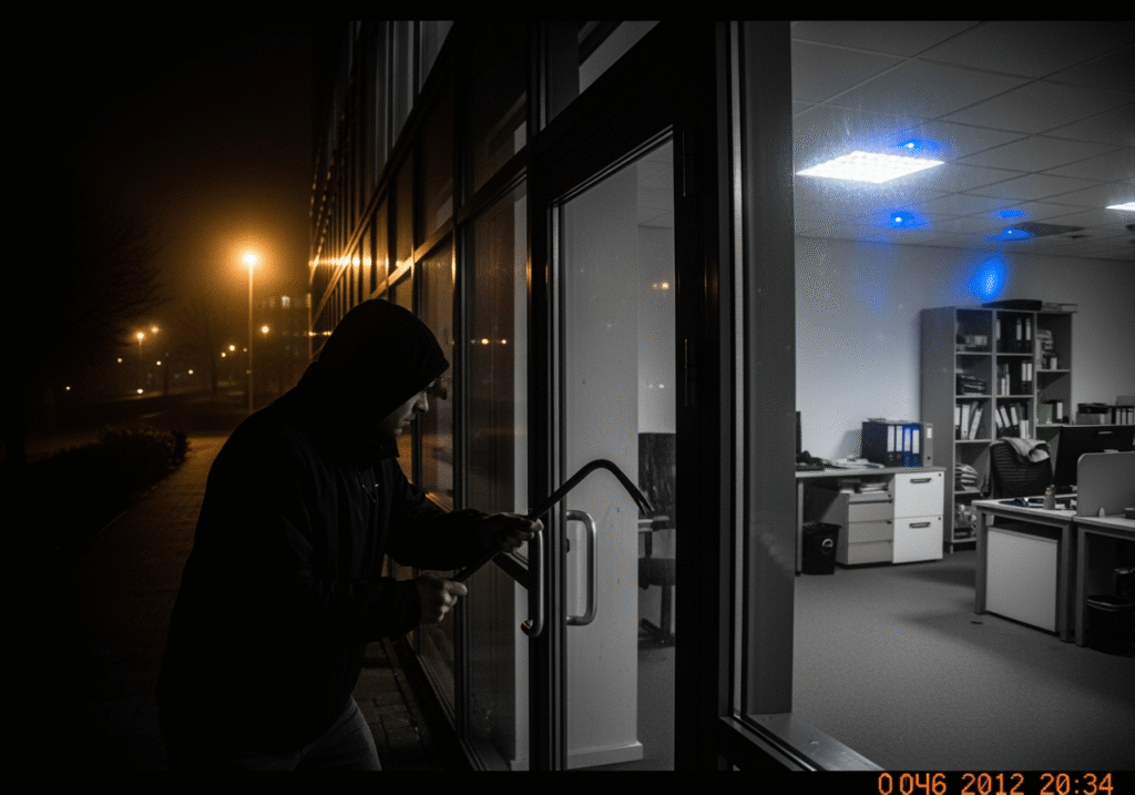 Hooded intruder breaking into modern office building at night demonstrating SME security vulnerabilities