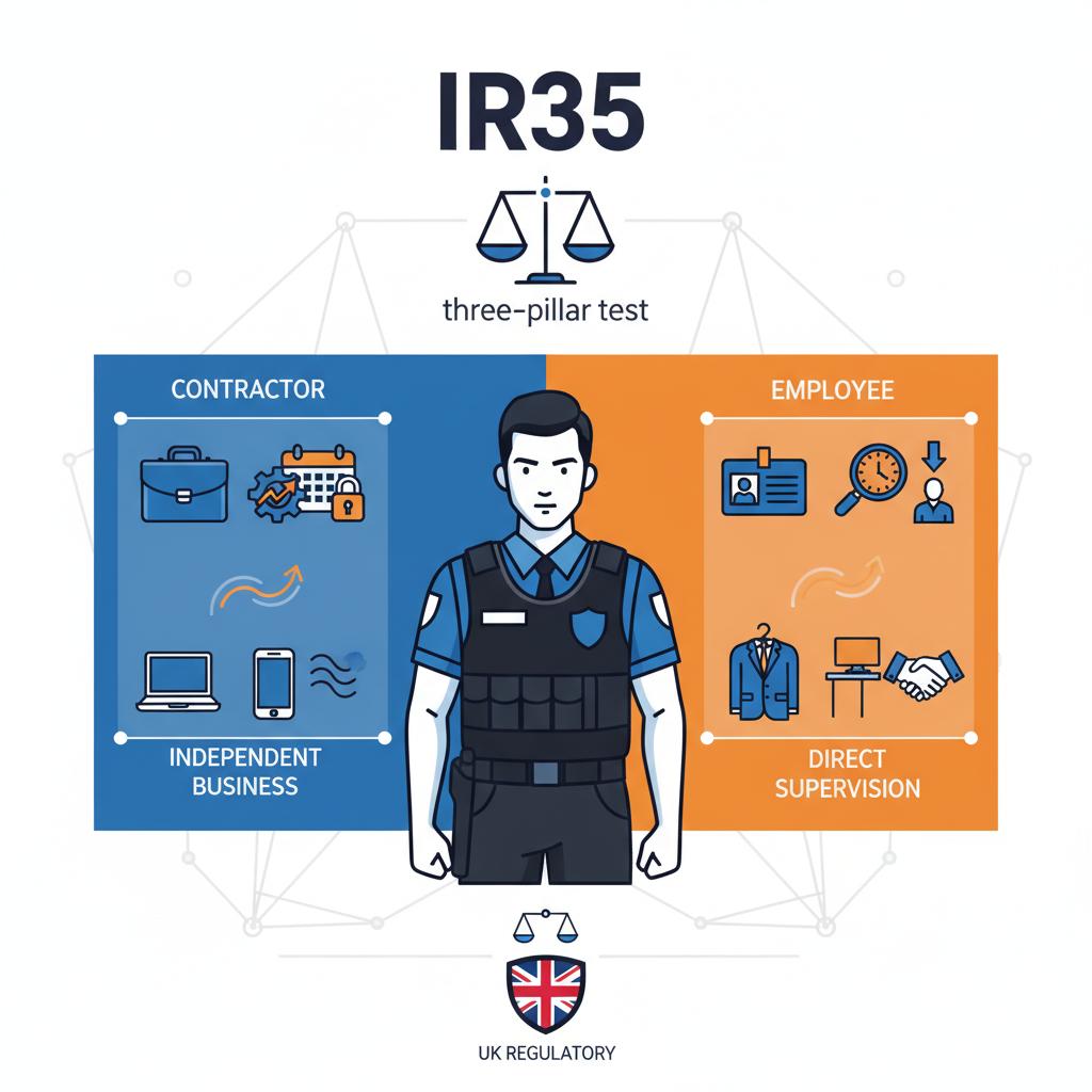 Professional businessman reviewing IR35 compliance documentation in modern office with security industry monitoring screens displaying regulatory requirements for UK security companies in 2025