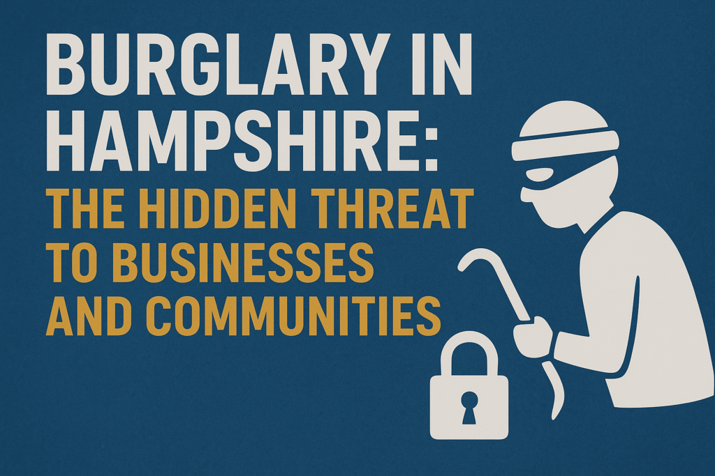 Infographic showing a silhouette of a burglar with a crowbar next to an unlocked padlock, with text reading 'Burglary in Hampshire: The Hidden Threat to Businesses and Communities' on a dark blue background