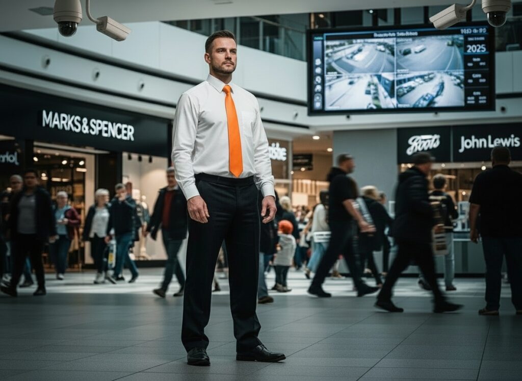Professional UK security worker in white shirt and orange tie standing alert in modern retail shopping centre, representing the challenges facing security professionals in 2025.