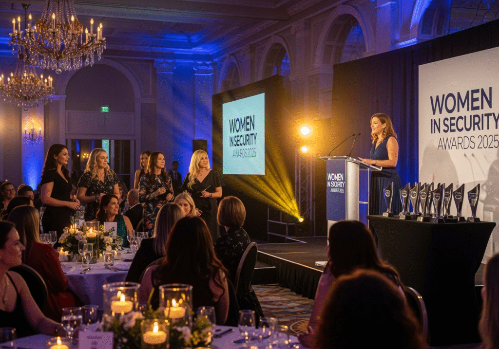 Professional women in elegant evening wear celebrating at the Women in Security Awards 2025 ceremony, with award trophies and sophisticated lighting creating a prestigious atmosphere at the awards venue