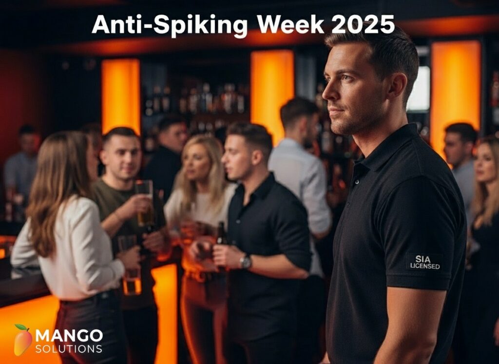 Anti-Spiking Week 2025 awareness image showing security guard preventing drink spiking in licensed premises - Mango Solutions