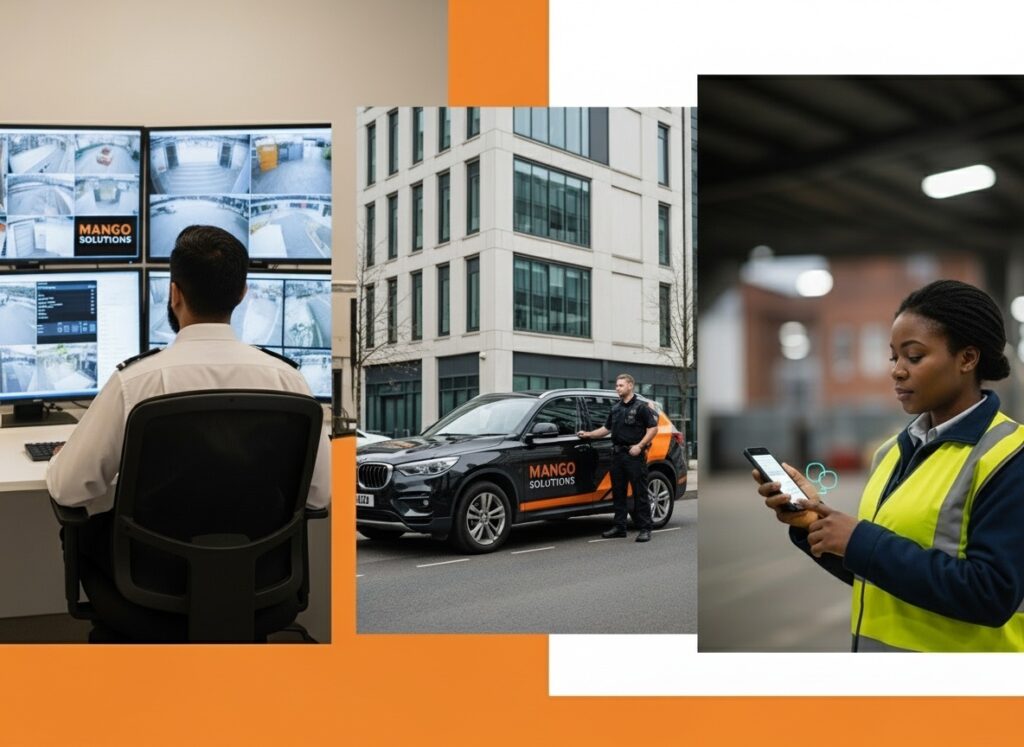 Professional security operations showing Mango Solutions support services: static guard monitoring control room screens, mobile patrol officer with orange and black branded vehicle conducting site inspection, and lone worker using smartphone safety app, representing comprehensive UK security provider support