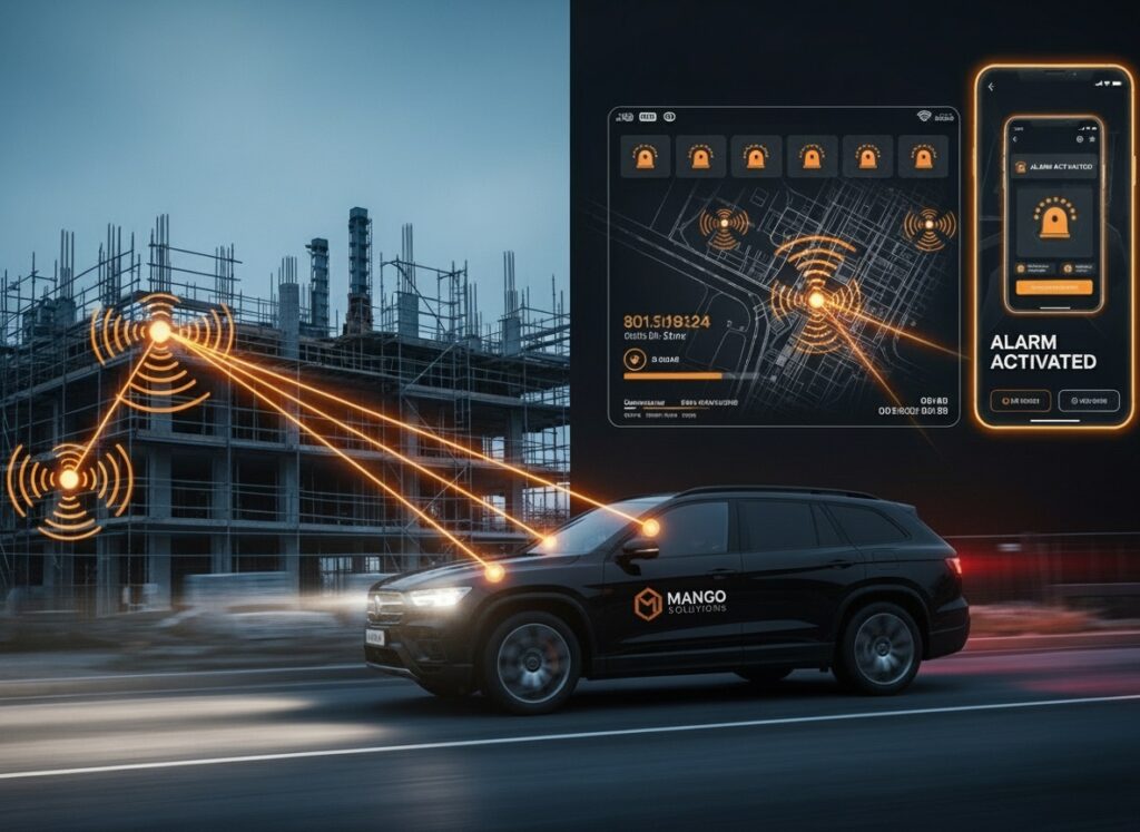 Advanced security technology showing alarm activation with GPS tracking, digital interface, and rapid response vehicle deployment for Hampshire building site protection
