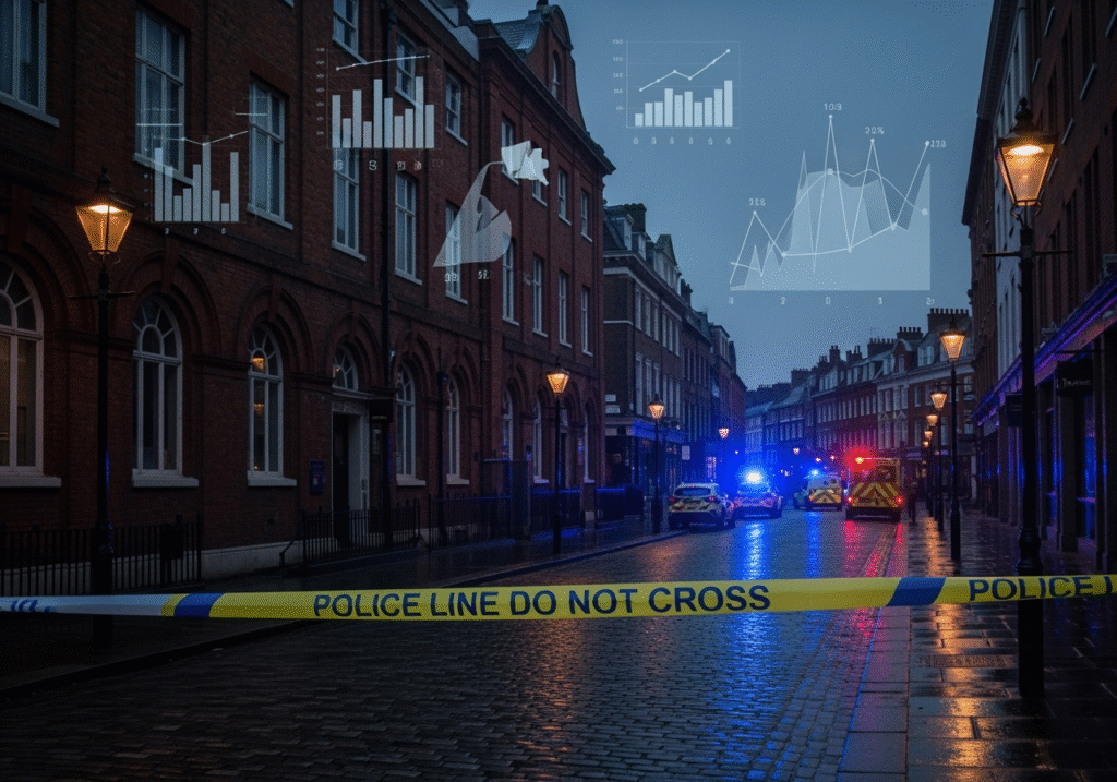Police have closed off a road with tape and vehicles at the scene of a violent crime incident. Emergency lights illuminate the area, and officers are visible securing the perimeter. The surrounding street appears empty, with a tense and controlled atmosphere.