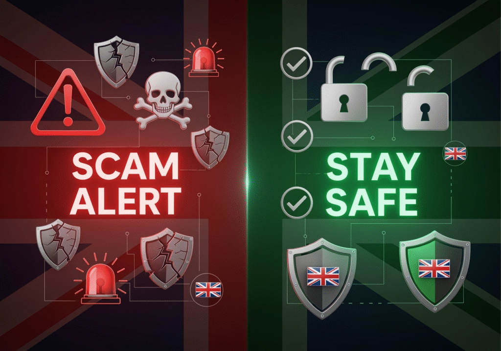 UK scams 2025 prevention guide featured image showing warning symbols, security shields, and fraud protection elements with British flag accents