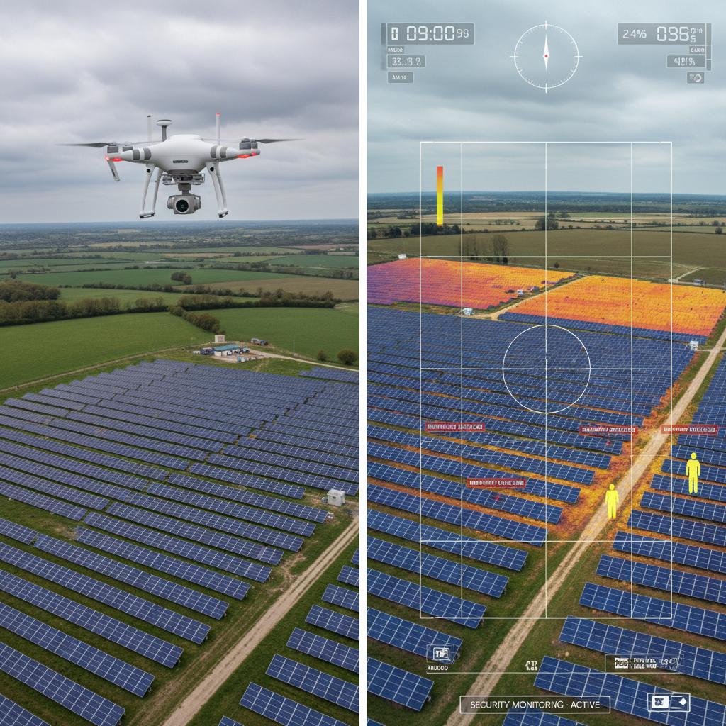 Professional security drone conducting automated patrol over solar farm installation with thermal imaging overlay showing real-time surveillance monitoring of renewable energy infrastructure